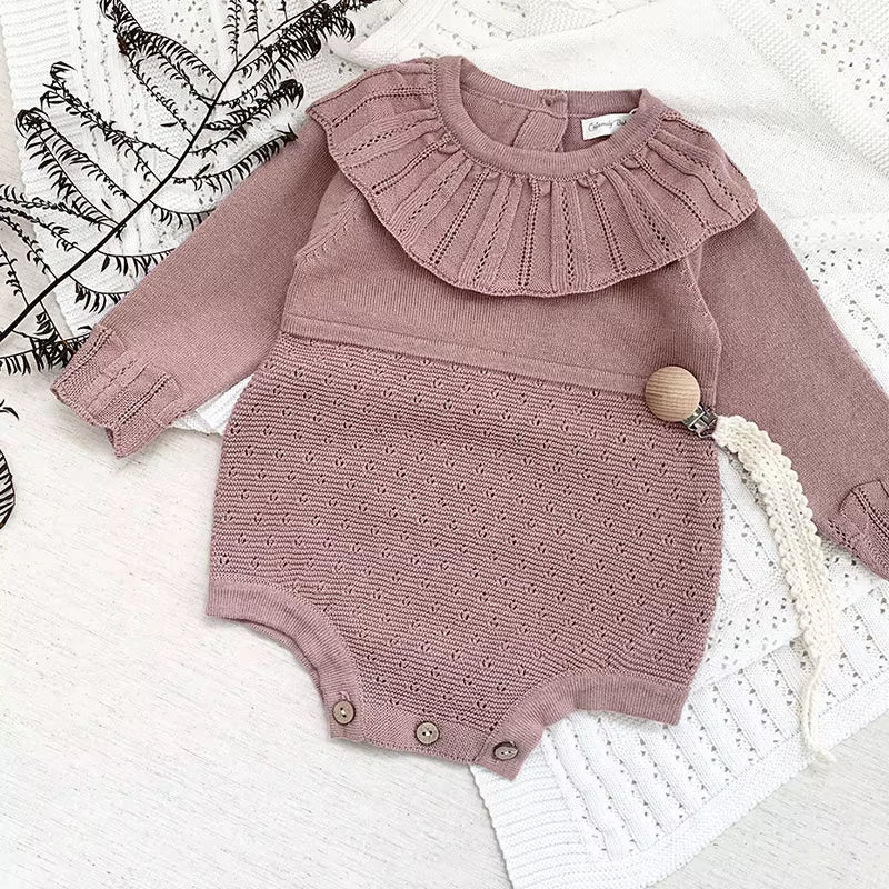 New Autumn Baby Girls Rompers Cotton Knitted Lace Ruffle Collar Infant Girls Bodysuit Knit Pink Princess Toddler Girls Outfits 